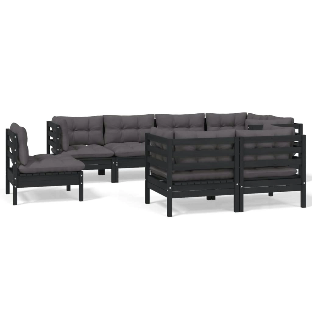 8 Piece Garden Lounge Set with Cushions Black Solid Pinewood 3096518