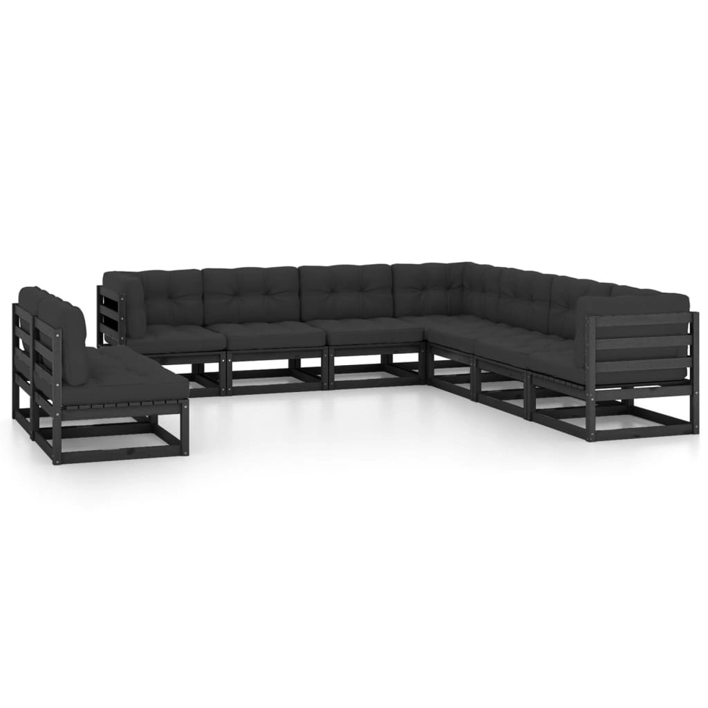 9 Piece Garden Lounge Set with Cushions Black Solid Pinewood 3076908