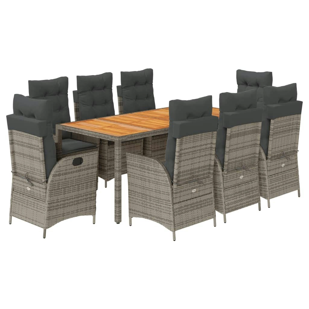 9 Piece Garden Dining Set with Cushions Grey Poly Rattan 3213111