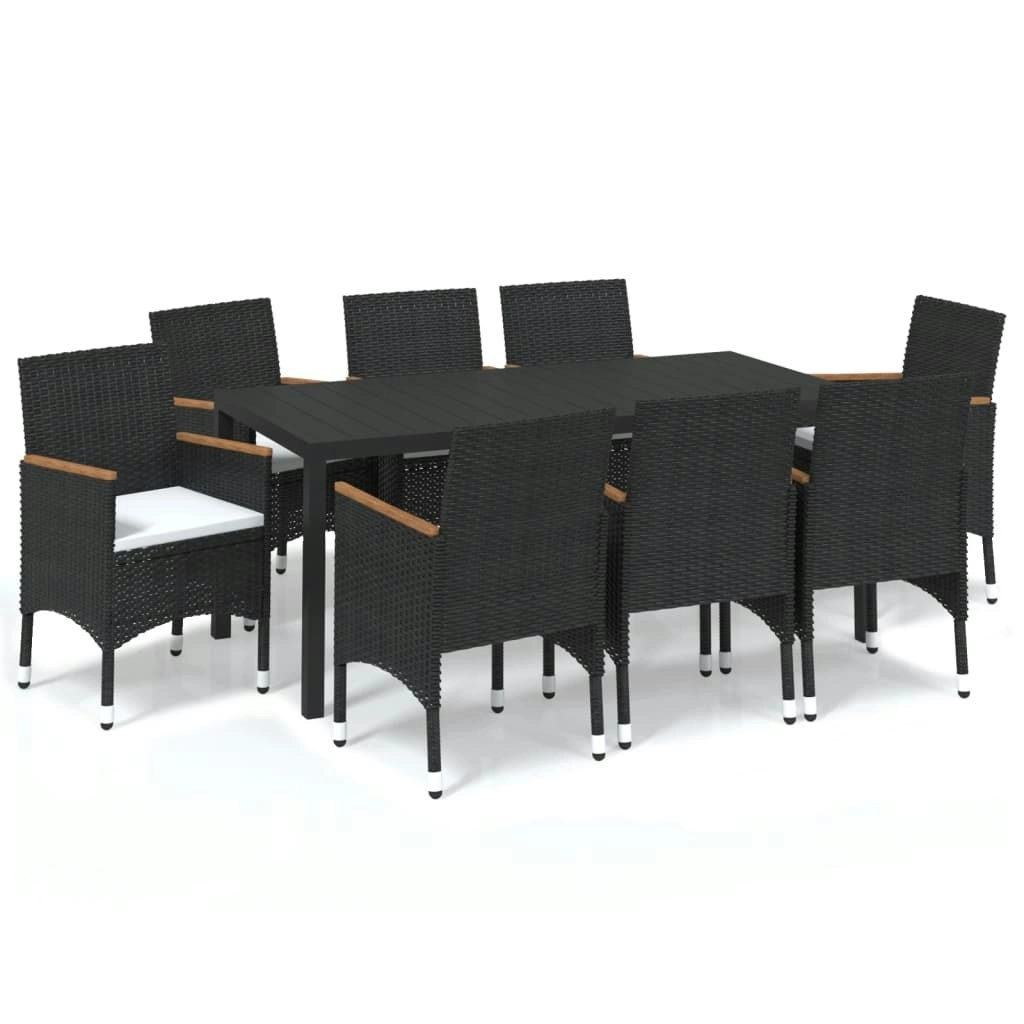 9 Piece Garden Dining Set with Cushions Poly Rattan Black 3095020