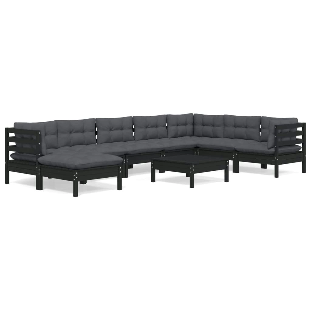 9 Piece Garden Lounge Set with Cushions Black Solid Pinewood 3096669