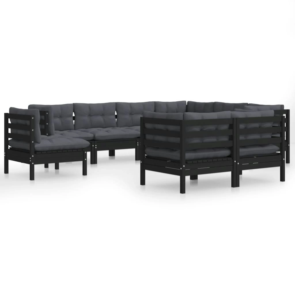 9 Piece Garden Lounge Set with Cushions Black Solid Pinewood 3096771