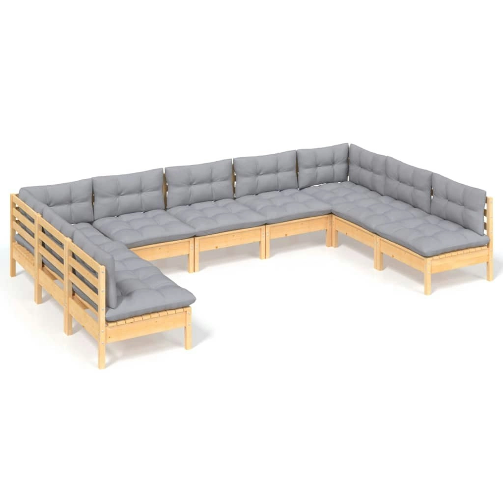 9 Piece Garden Lounge Set with Grey Cushions Solid Pinewood 3097174