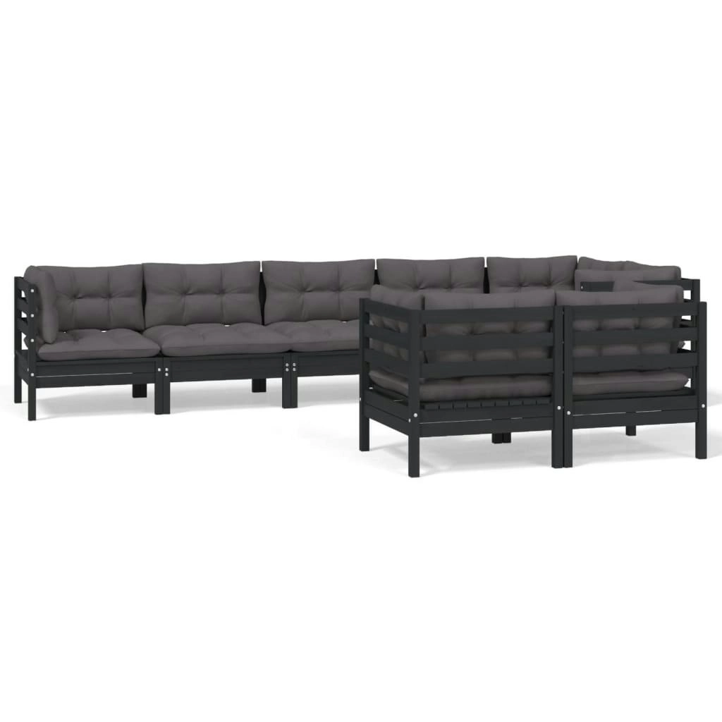 8 Piece Garden Lounge Set with Cushions Black Solid Pinewood 3096506