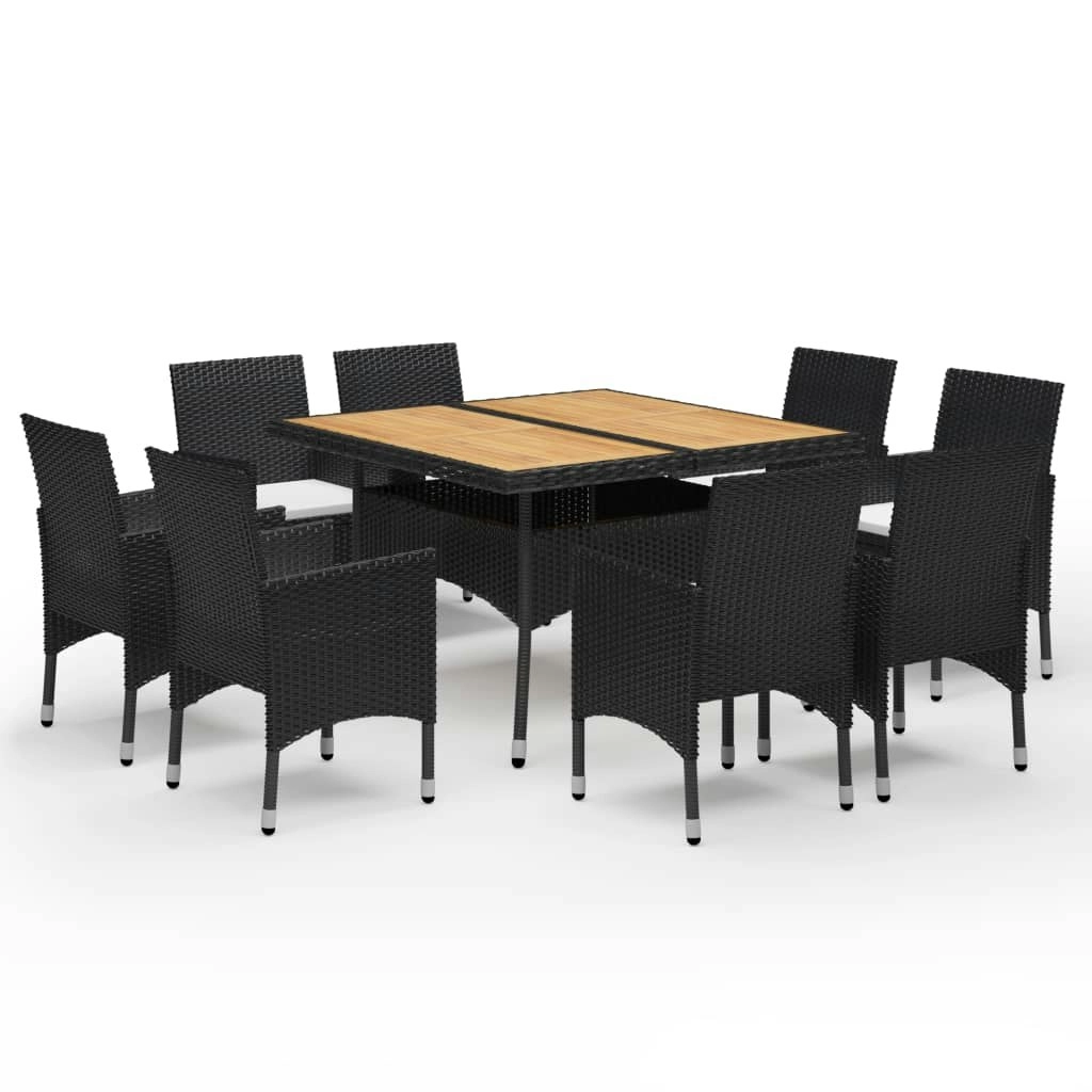 9 Piece Garden Dining Set Poly Rattan and Acacia Wood Black 3058342