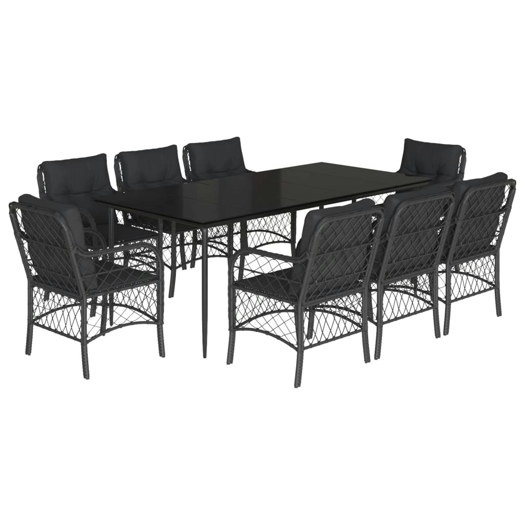 9 Piece Garden Dining Set with Cushions Black Poly Rattan 3212102