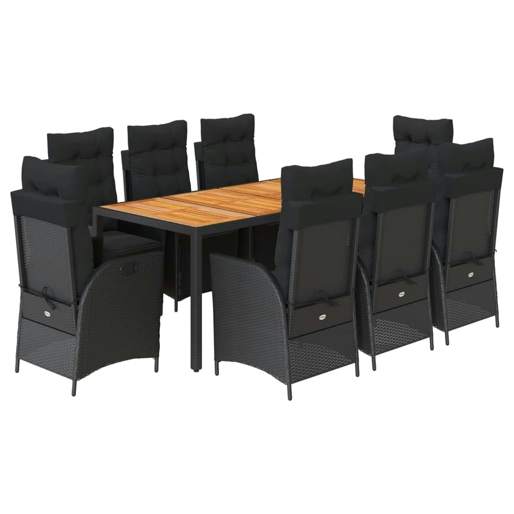 9 Piece Garden Dining Set with Cushions Black Poly Rattan 3213343