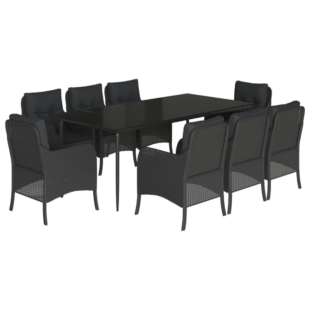 9 Piece Garden Dining Set with Cushions Black Poly Rattan 3211926