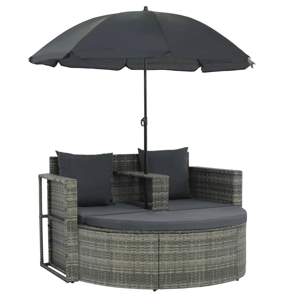 2 Seater Garden Sofa with Cushions and Parasol Grey Poly Rattan 44478