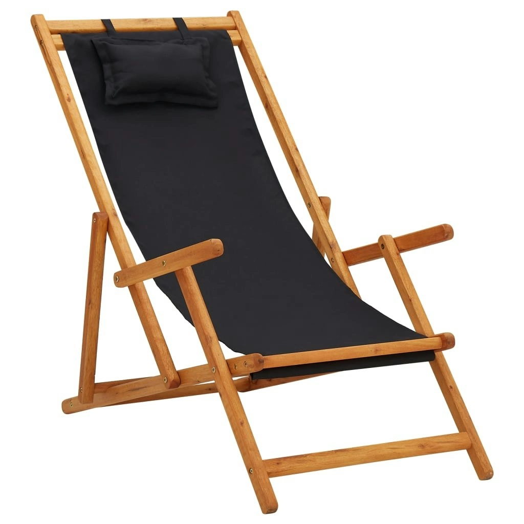 Folding Beach Chair Solid Eucalyptus Wood and Fabric Black 310313