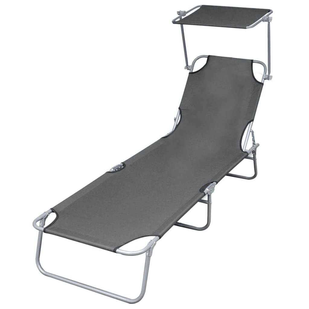 Folding Sun Lounger with Canopy Steel Grey 44291