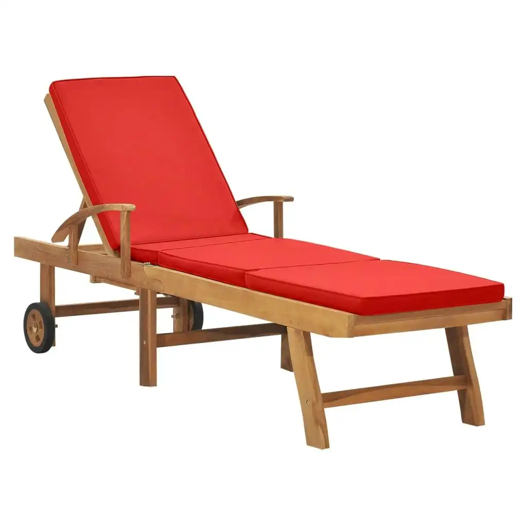 Sun Lounger with Cushion Solid Teak Wood Red 48026