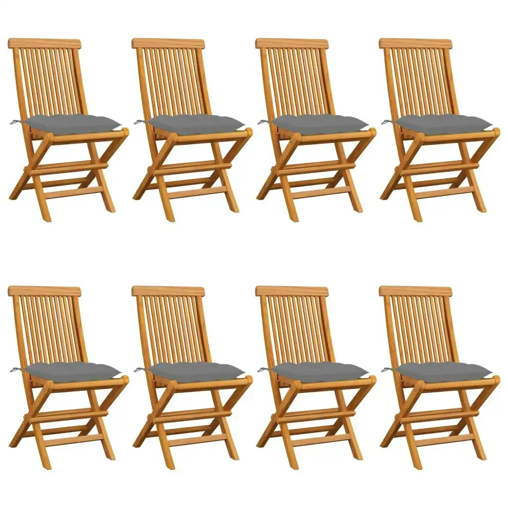 Garden Chairs with Grey Cushions 8 pcs Solid Teak Wood 3072933