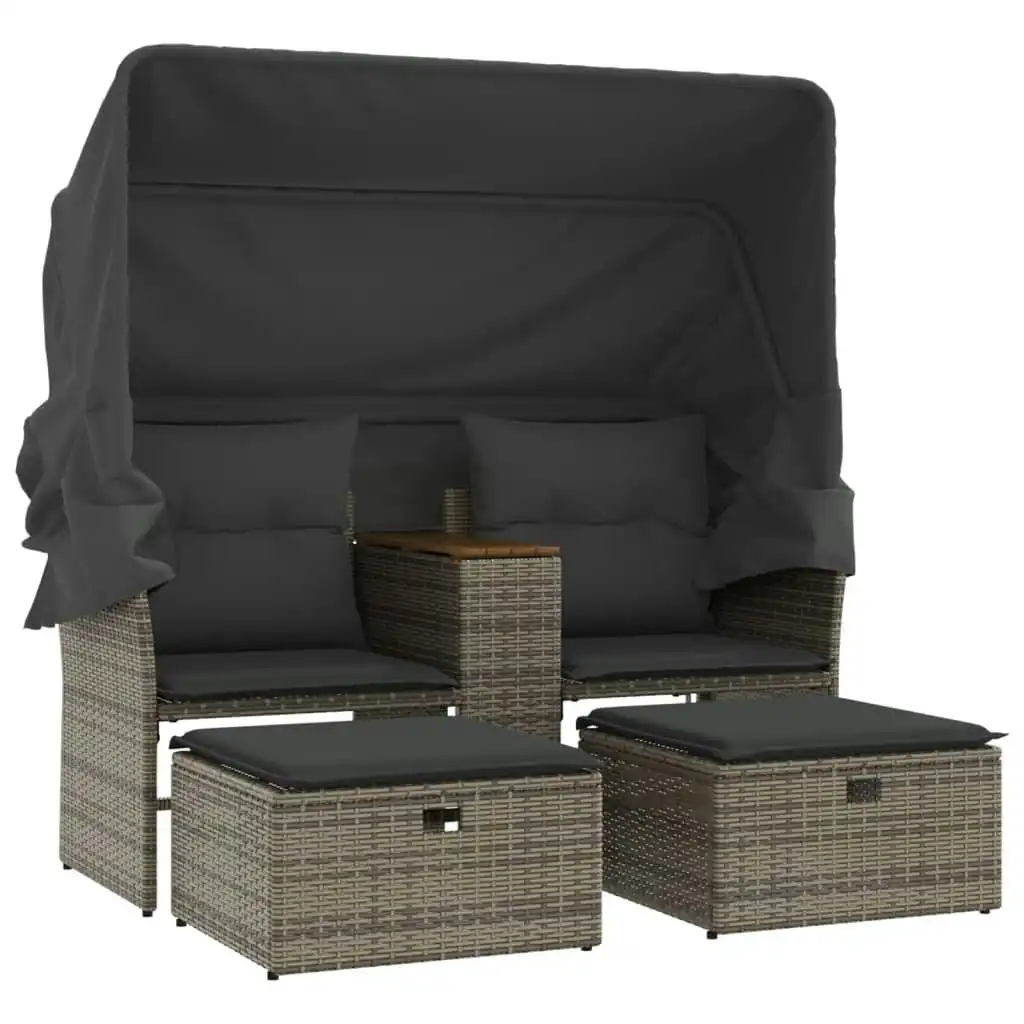 Garden Sofa 2-Seater with Canopy and Stools Grey Poly Rattan 365801