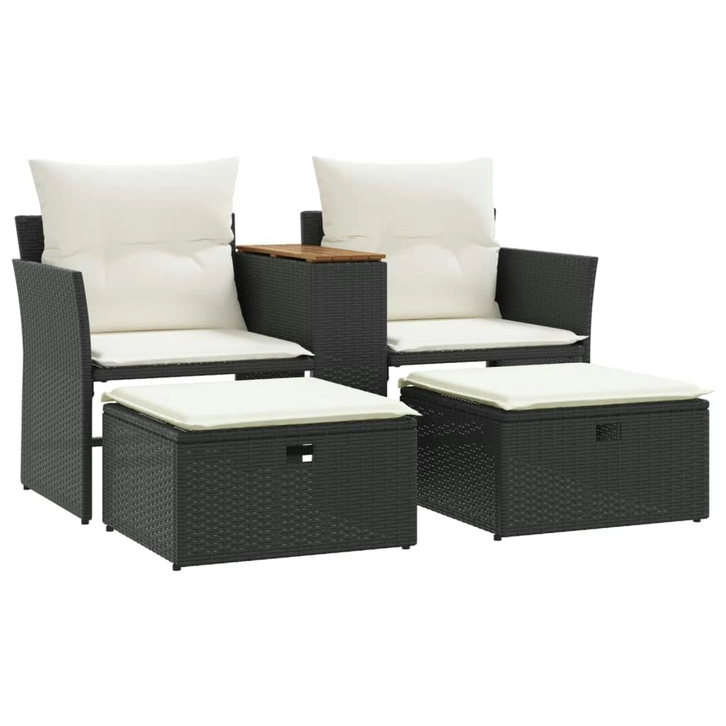 Garden Sofa 2-Seater with Stools Black Poly Rattan 365803