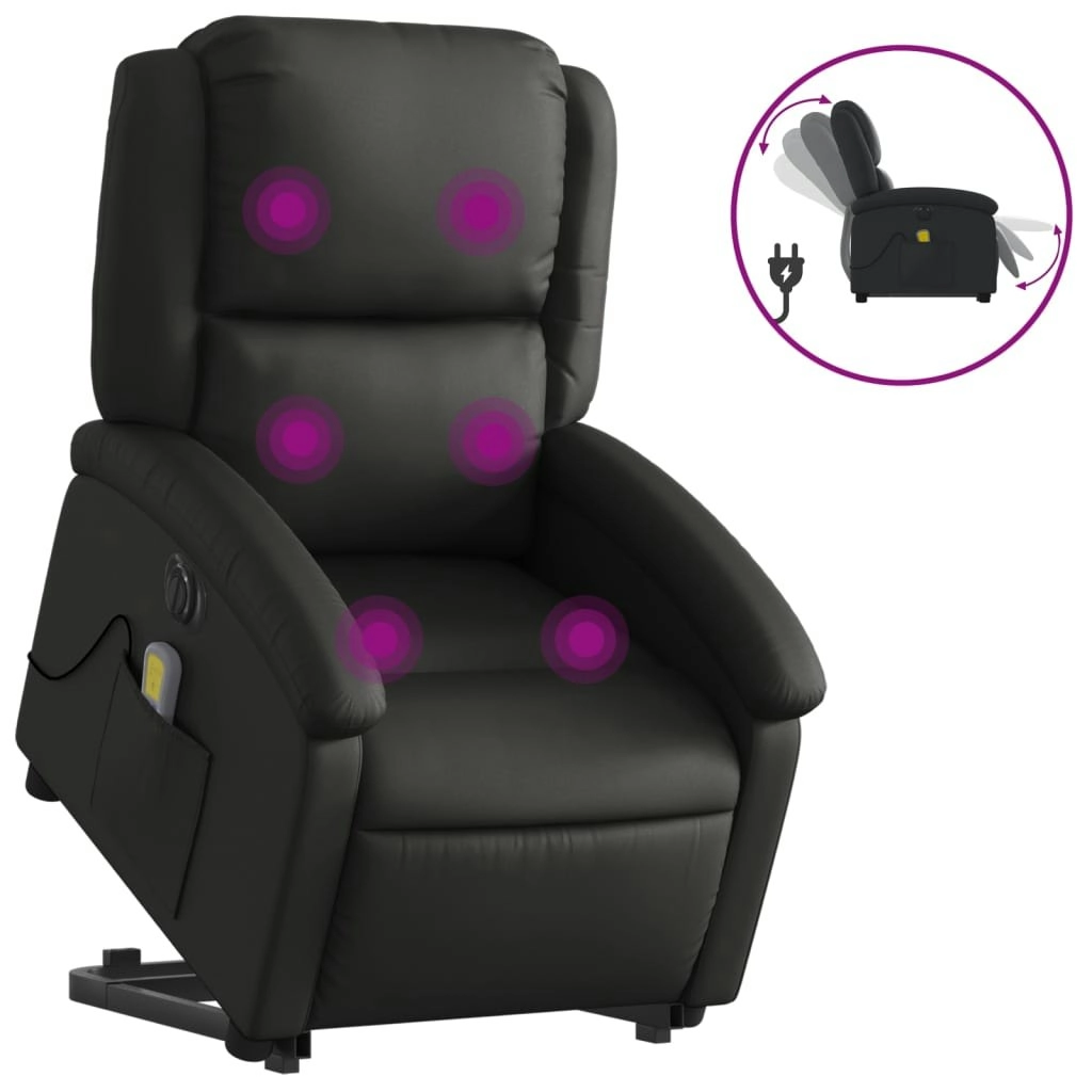 Electric Stand up Massage Recliner Chair Black Real Leather 3205489