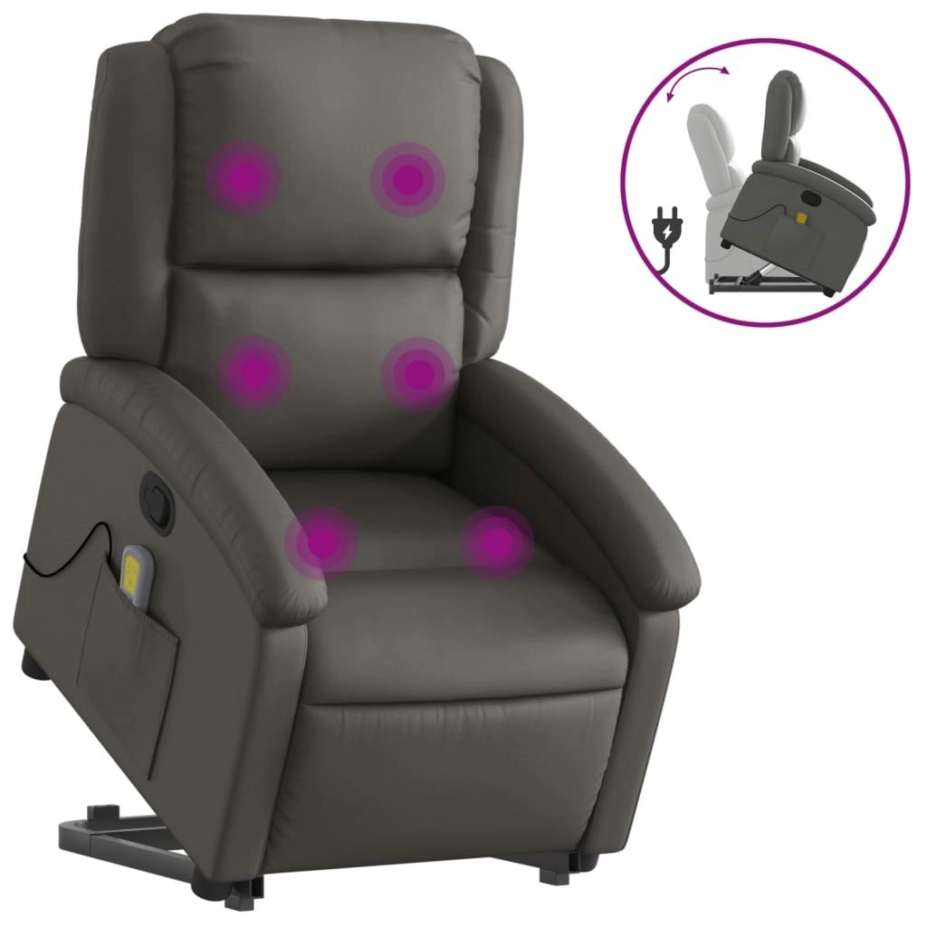 Stand up Massage Recliner Chair Grey Real Leather 3205485