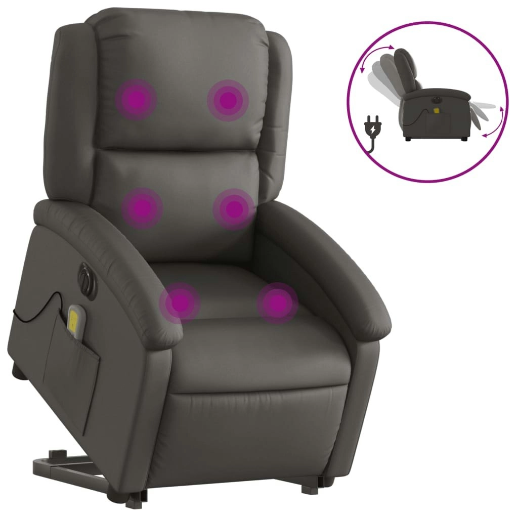 Electric Stand up Massage Recliner Chair Grey Real Leather 3205491