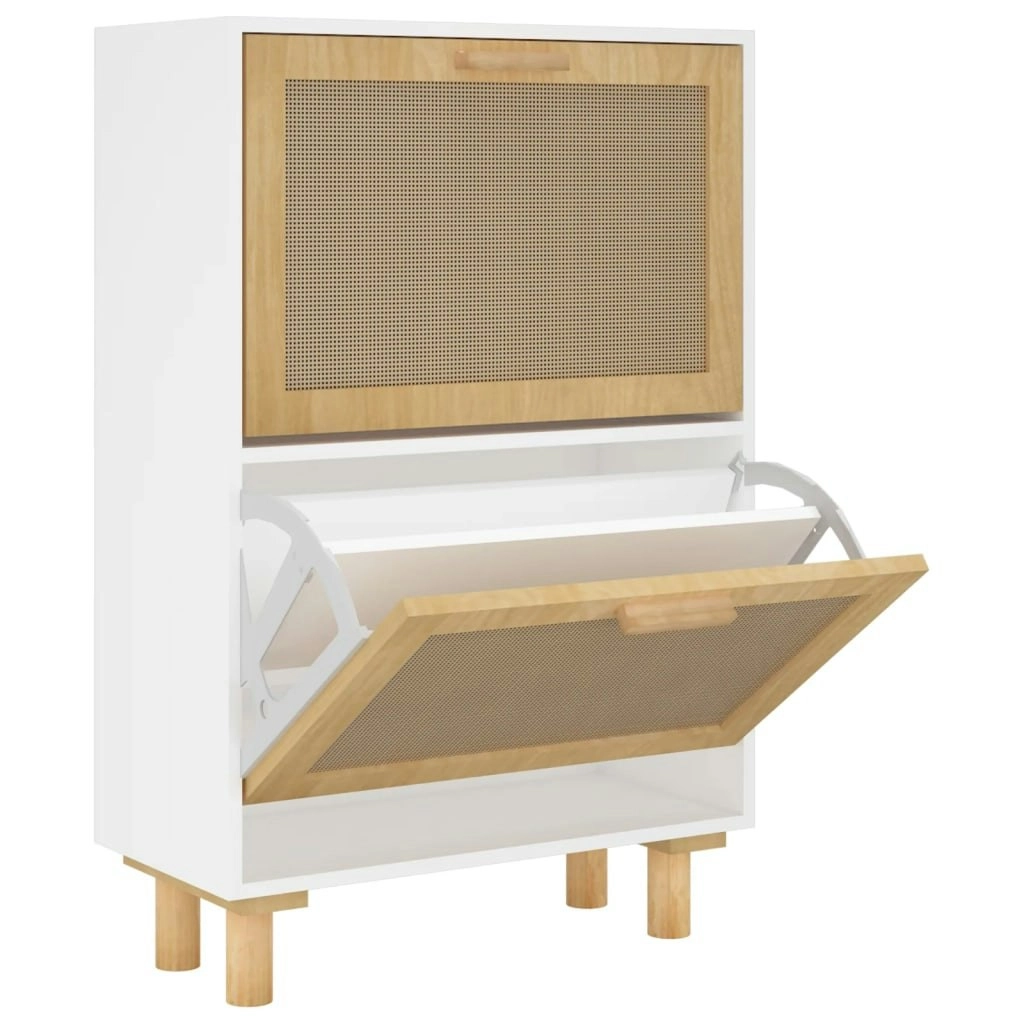 Shoe Cabinet White 52x25x80 cm Engineered Wood and Natural Rattan 345645