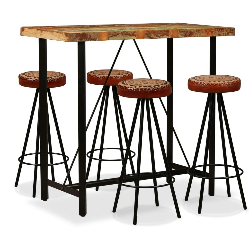 Bar Set 5 Pieces Solid Wood Reclaimed. Genuine Leather & Canvas 275144