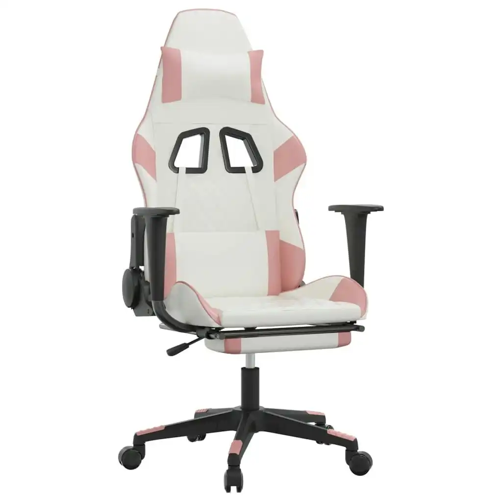 Massage Gaming Chair with Footrest White&Pink Faux Leather 345530