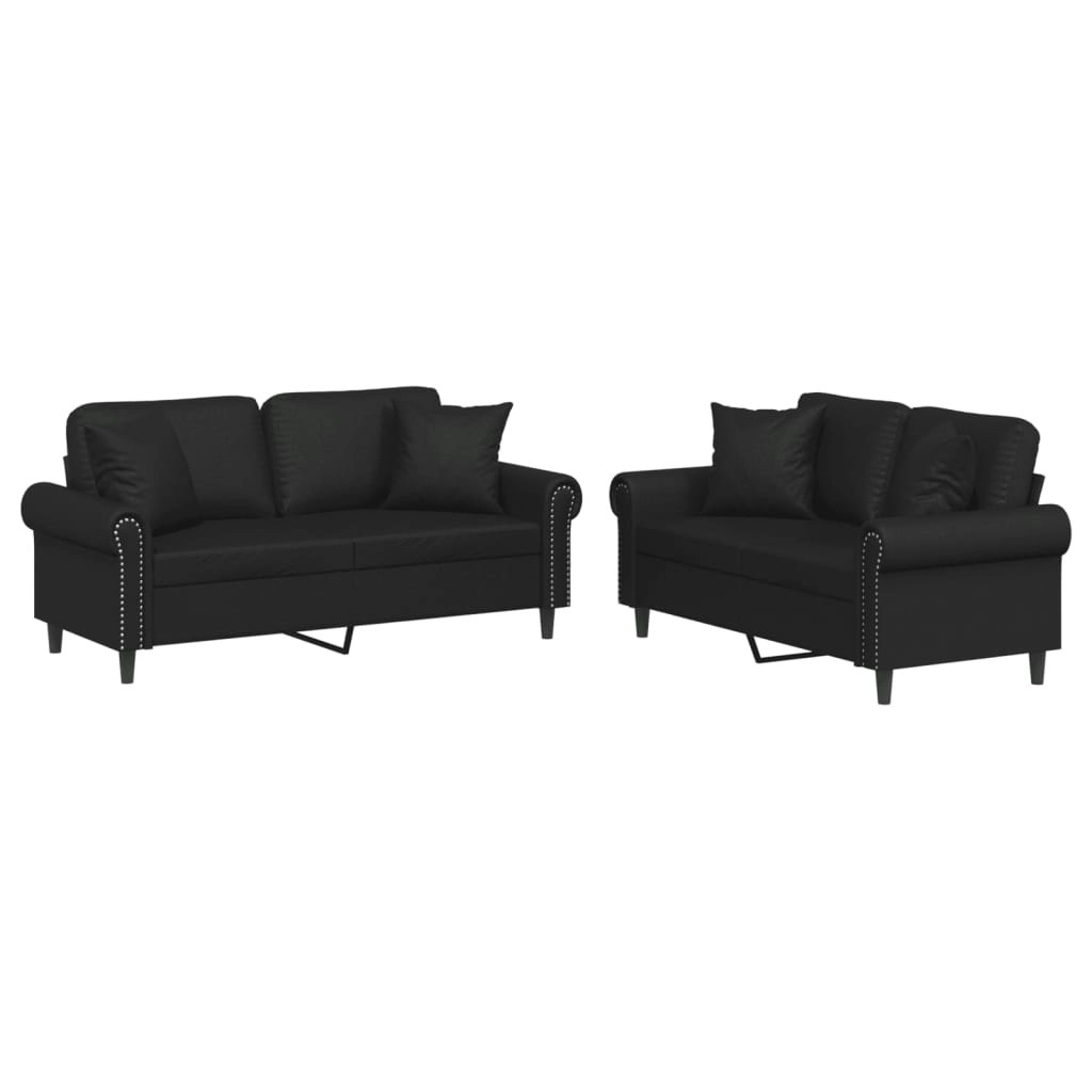 2 Piece Sofa Set with Pillows Black Faux Leather 3202160