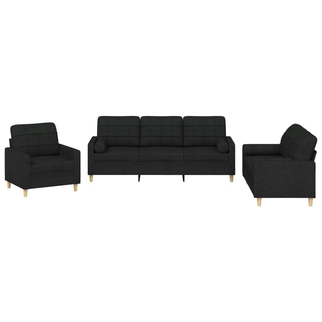 3 Piece Sofa Set with Pillows Black Fabric 3201262