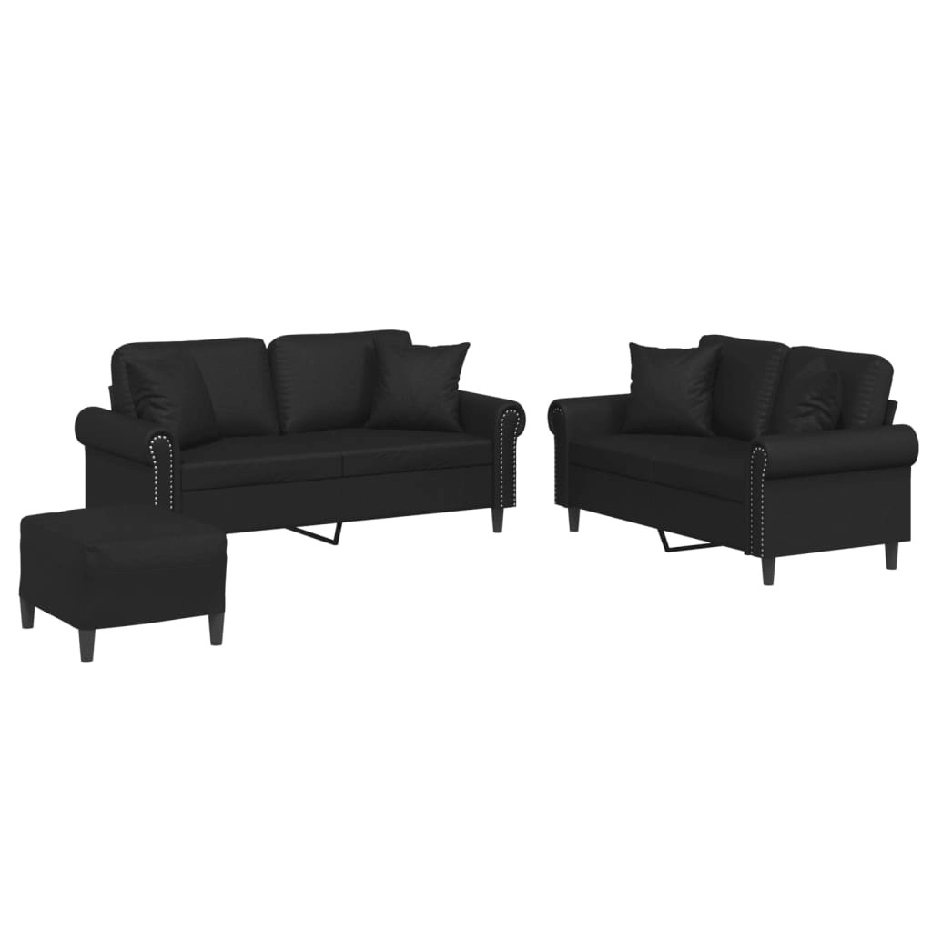 3 Piece Sofa Set with Pillows Black Faux Leather 3202165