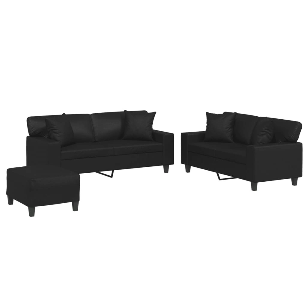 3 Piece Sofa Set with Pillows Black Faux Leather 3201929