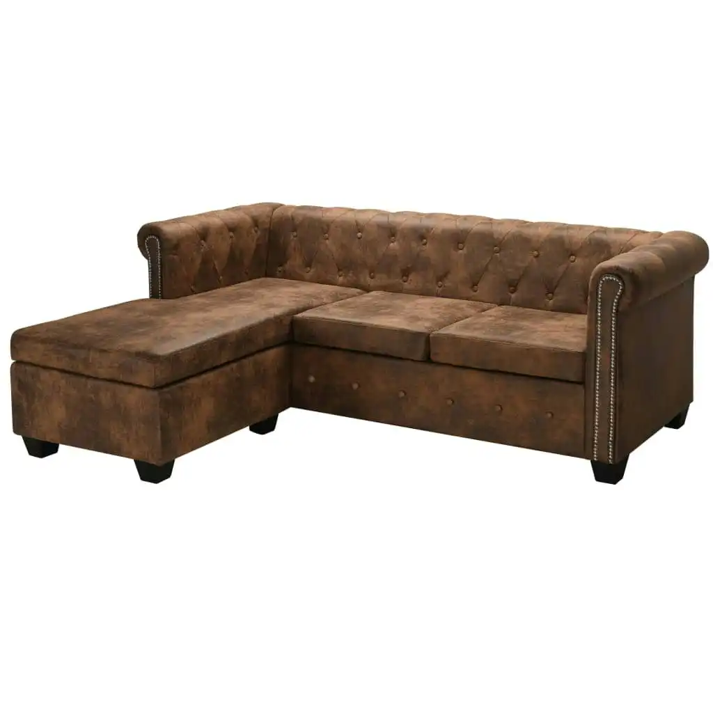 L-shaped Chesterfield Sofa Artificial Suede Leather Brown 245535