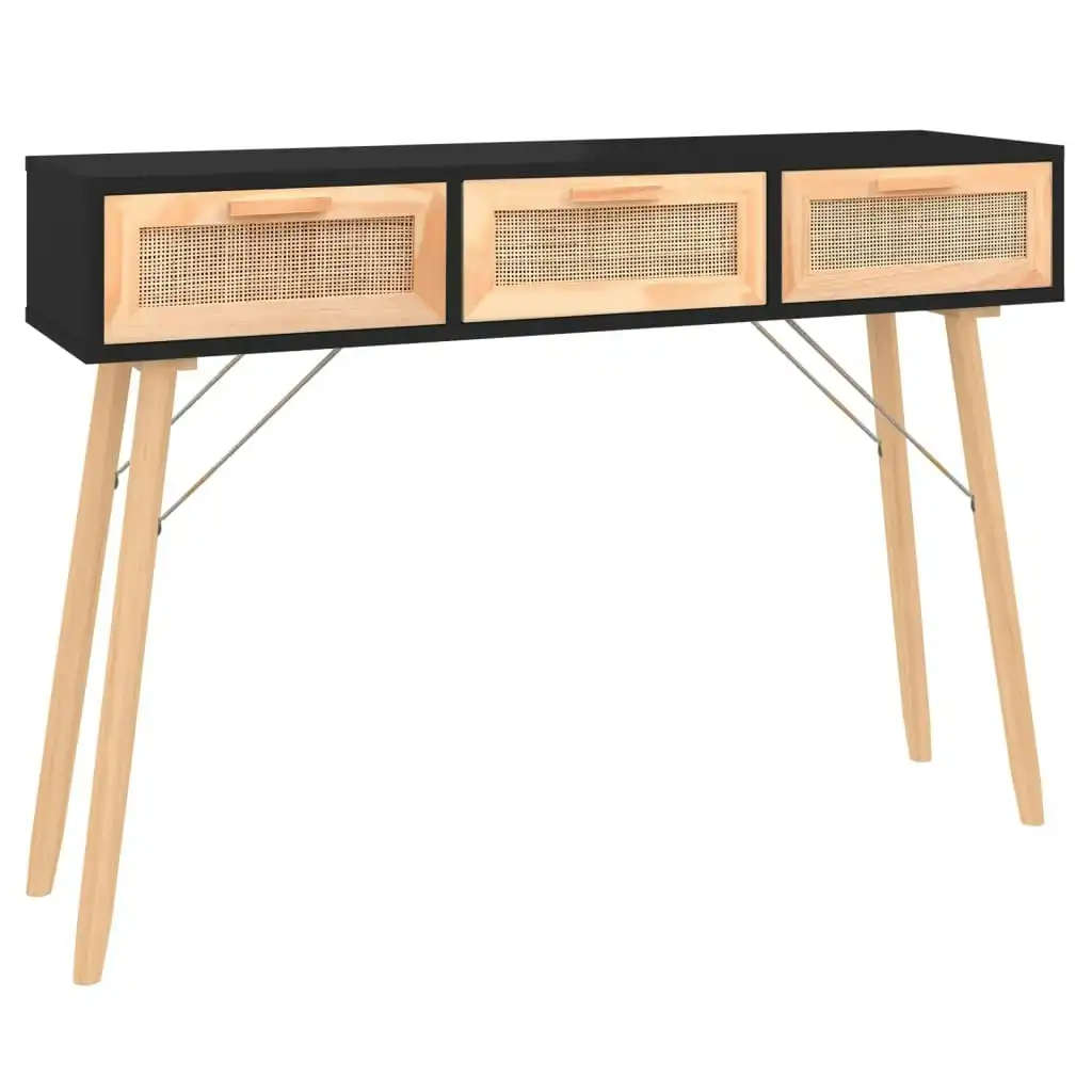 Console Table Black 105x30x75 cm Solid Wood Pine&Natural Rattan 345628