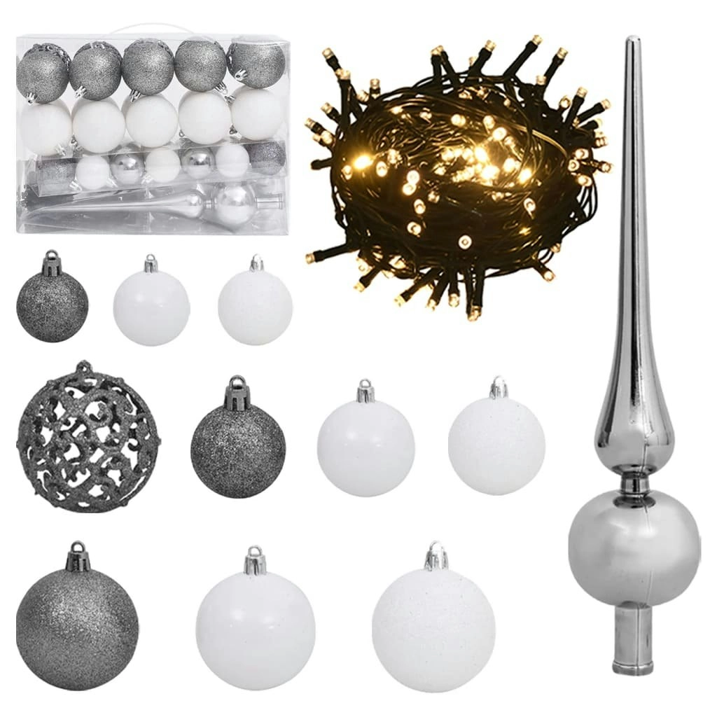 61 Piece Christmas Ball Set with Peak and 150 LEDs White&Gey 330099