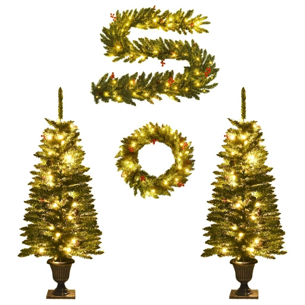 Artificial Christmas Trees 2 pcs with Wreath, Garland and LEDs 344648