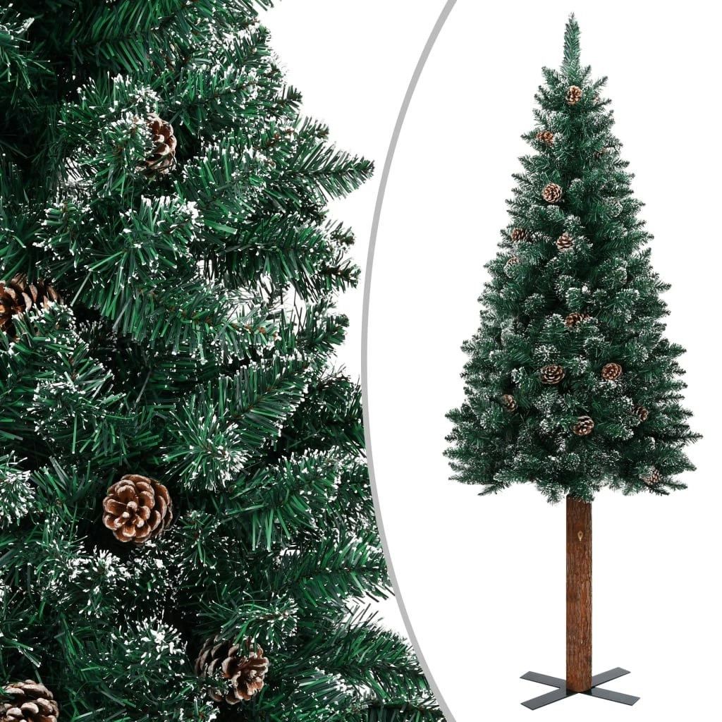 Slim Christmas Tree with Real Wood and White Snow Green 180 cm 320961