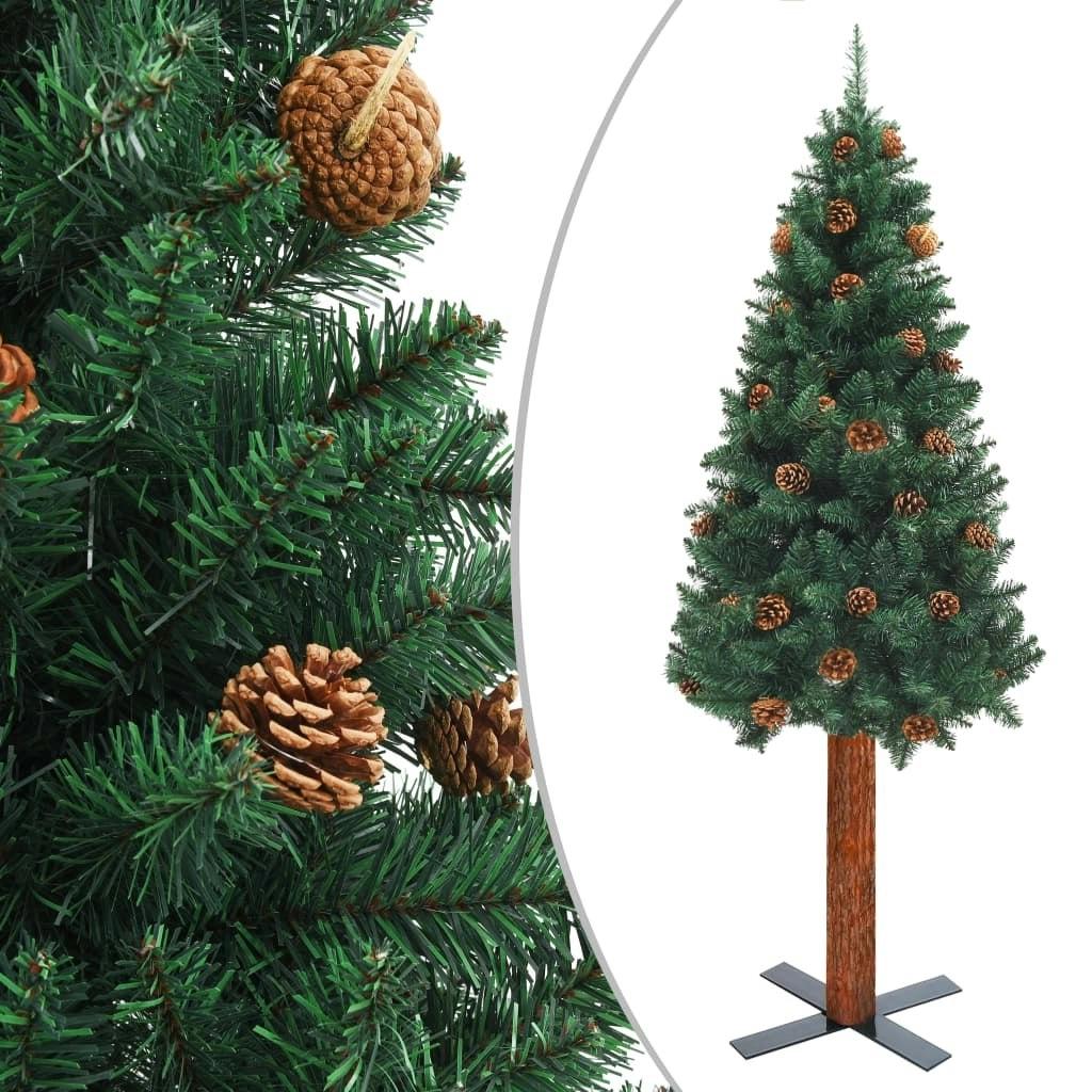 Slim Christmas Tree with Real Wood and Cones Green 210 cm PVC 320959