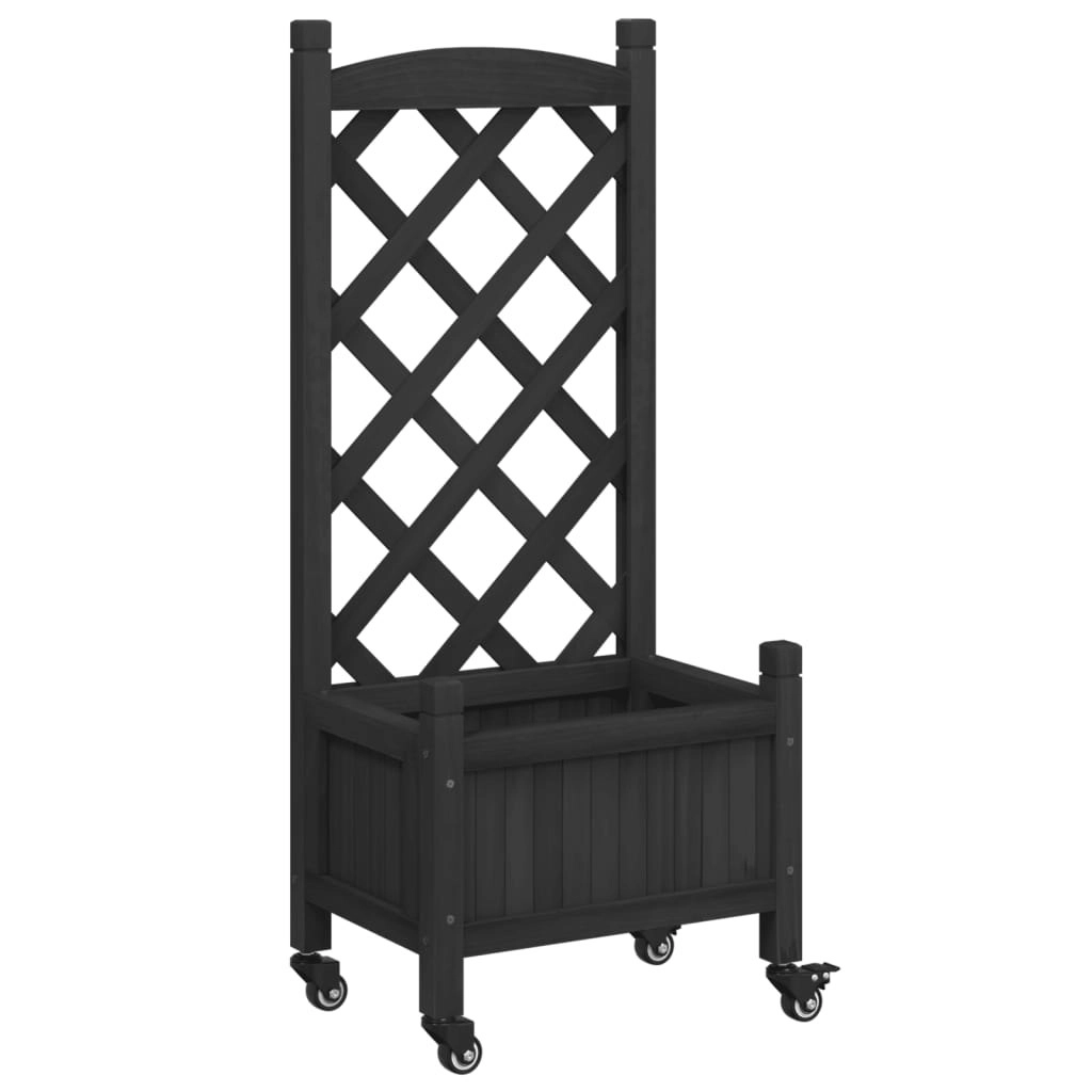 Planter with Trellis and Wheels Black Solid Wood Fir 3207646