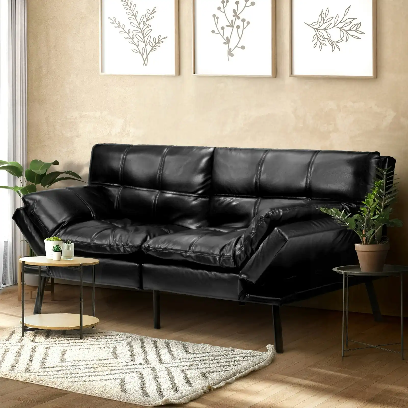 Oikiture Sofa Bed Futon Recliner Lounge Couch Convertible Leather 3-Seater Black