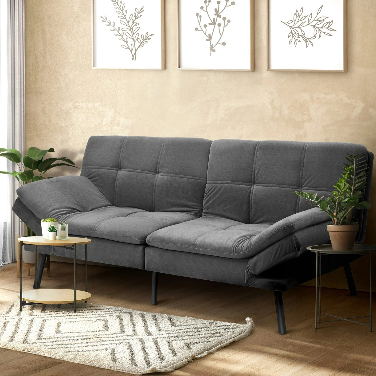 Oikiture Sofa Bed Futon Recliner Lounge Couch Convertible Polyester 3Seater Grey