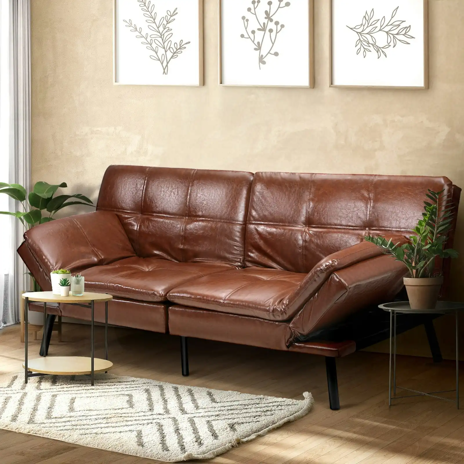 Oikiture Sofa Bed Futon Recliner Lounge Couch Convertible Leather 3-Seater Brown