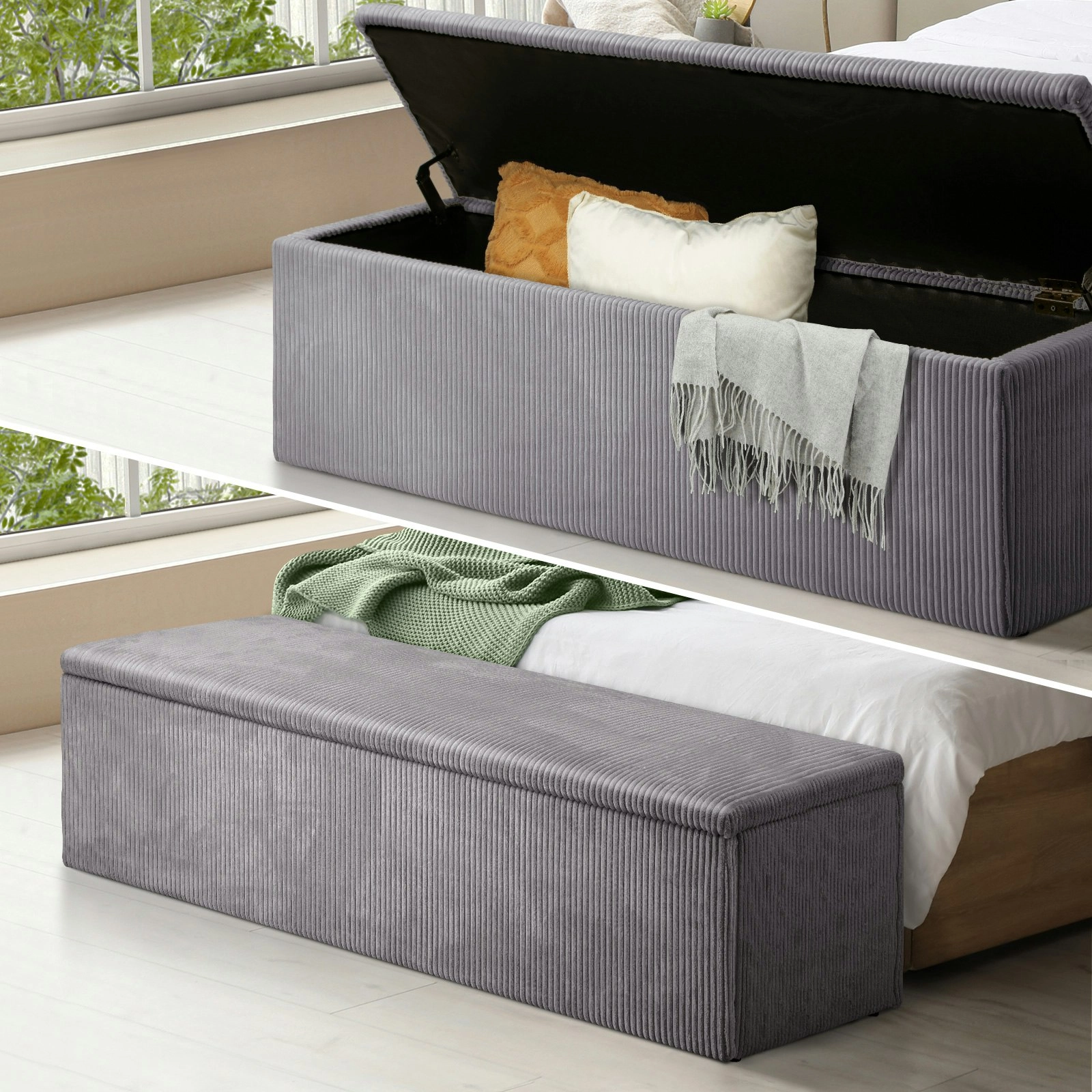 Oikiture Storage Ottoman Blanket Box Foot Stool XL Chest Toy Polyester Grey