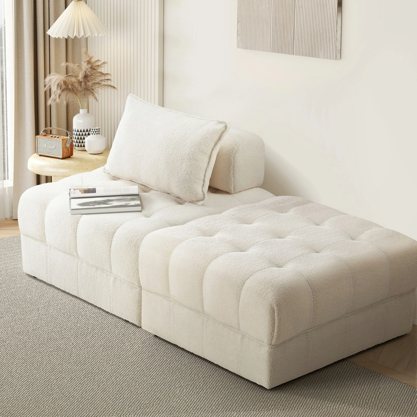 Oikiture 2 Seater Boucle Modular Sofa & Ottoman Set Armless TOFU Back White