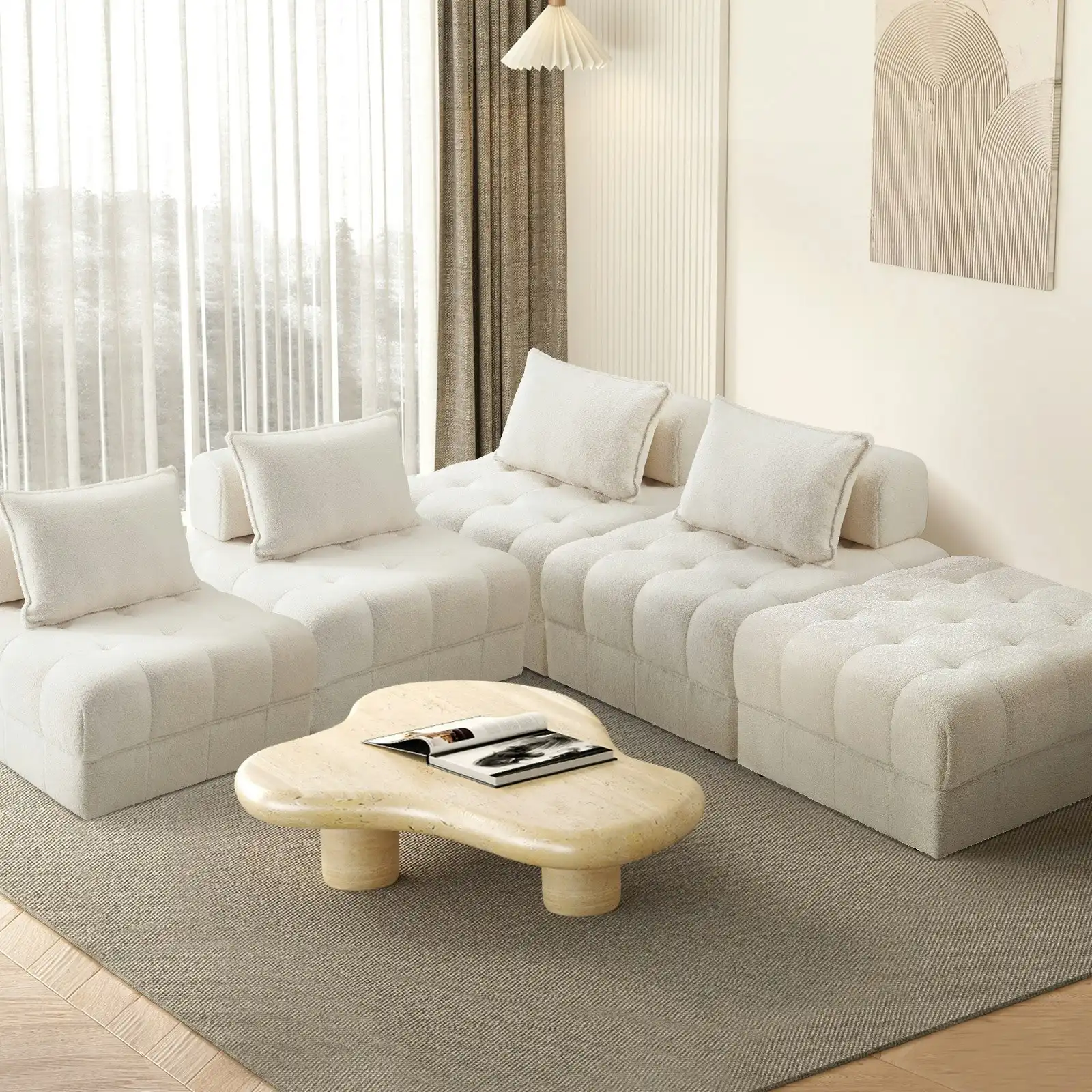 Oikiture 5 Seater Boucle Modular Sofa & Ottoman Set Armless TOFU Back White