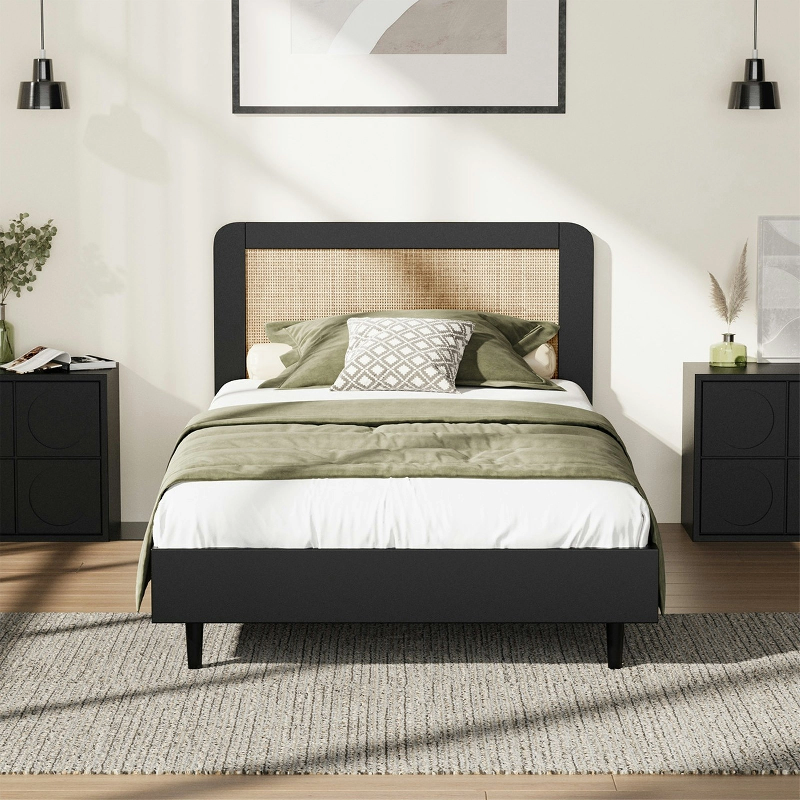 Oikiture Bed Frame Wooden Bed Frame Black-King Single