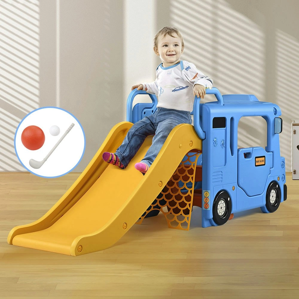 Juna Kids Slide, Toddlers Slide w/ Bus Playhouse, Basketball & Baseball Play Set