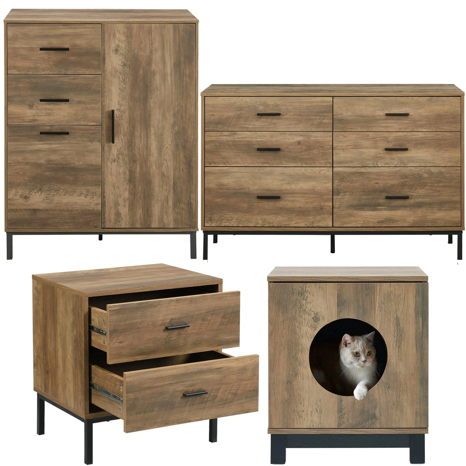 Bronx 4-Piece Set | Tall Chest Wardrobe, 6-Drawer Chest, 2-Drawer Bedside Table & Pet End Table Combo for a Complete Stylish Storage Solution