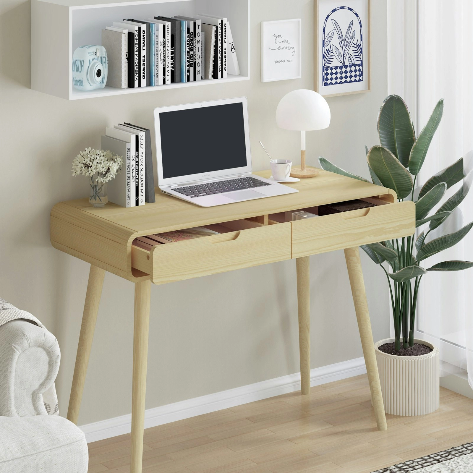 Home Office Writing Table Workstation | Scandi Design in Light Oak Finish with 2 Drawers