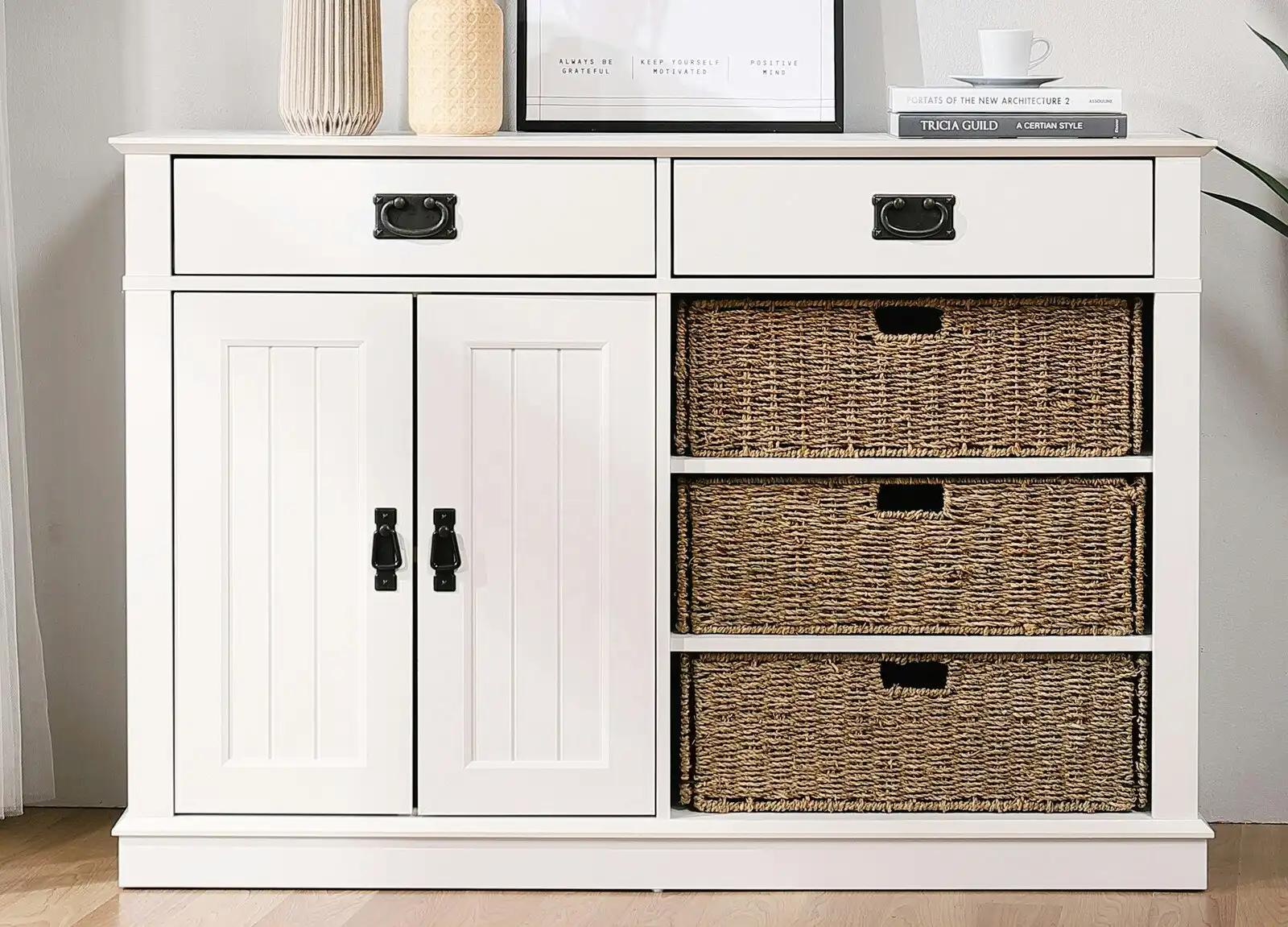 Kimberly White Sideboard with Baskets 2 Drawers 2 Doors