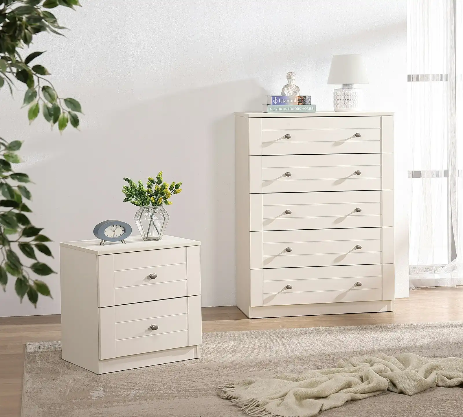 HARRIET 5 DRAWER TALLBOY +HARRIET BEDSIDE TABLE( Cream)