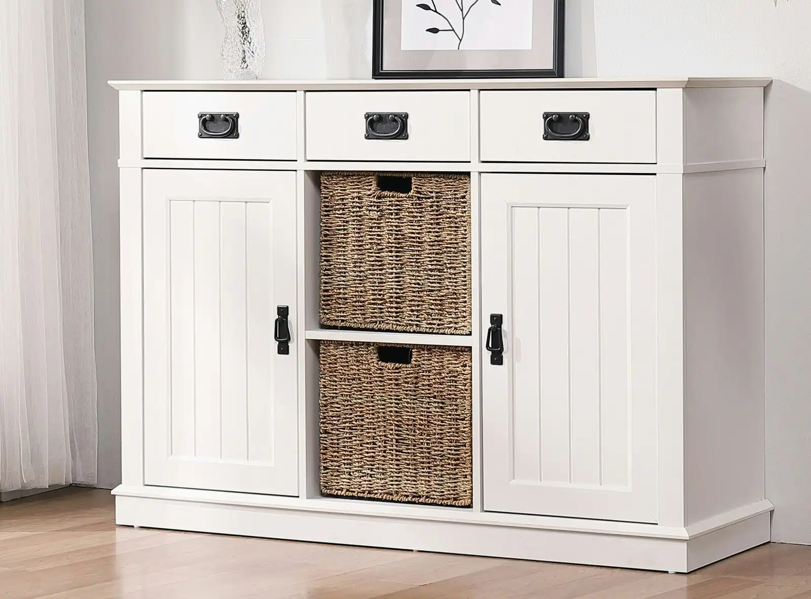 Kimberly Sideboard White 3-Drawer Storage + 2 Sea Grass Storage Basket