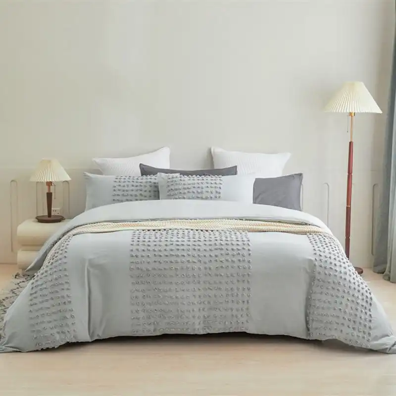 100% Cotton Tufted Pattern Grey Quilt Doona Duvet Cover Set